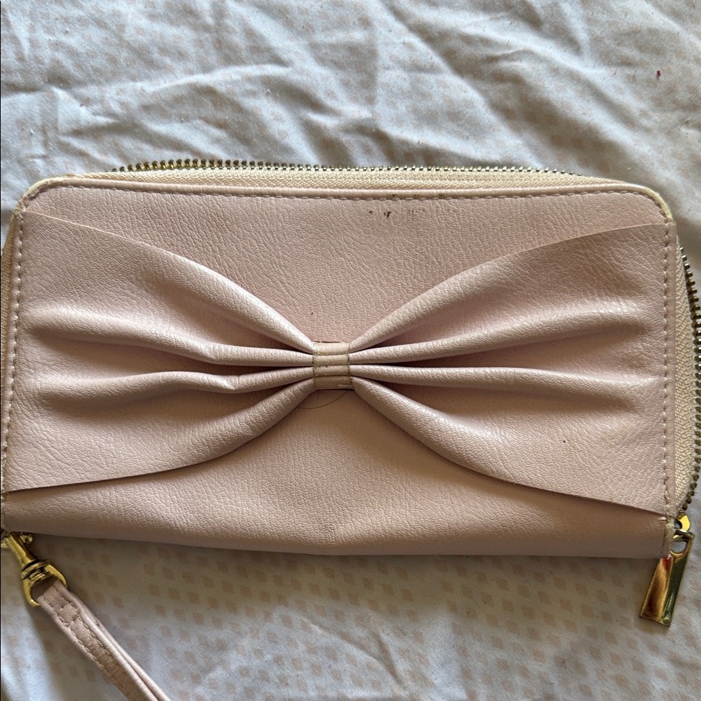 Blush Bow Accent Zip Wristlet Wallet